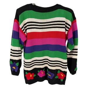 Claude Z Vintage Colorblock Stripe Floral Embroidered Sweater M Retro 80s